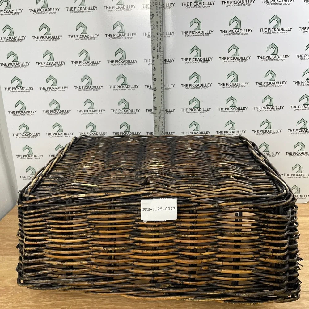 Large Rustic Hand Woven Rattan Storage Basket with Turned Wood Handles Brown